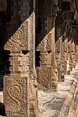 The great Chola temples of Tamil Nadu - The Airavatesvara temple of Darasuram. Details of the pillars of the prakara-wall surrounding the temple. 